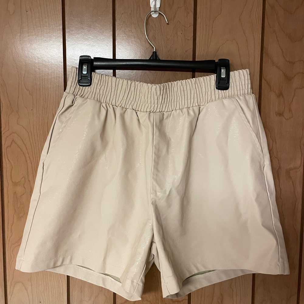 Beige leather Elastic Waist Shorts